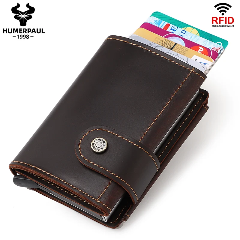 Minimalist Aluminum Credit Card Holder Wallet for Men RFID Vintage Crazy Horse Leather Bank Cardholder Case Quality Coin Purse