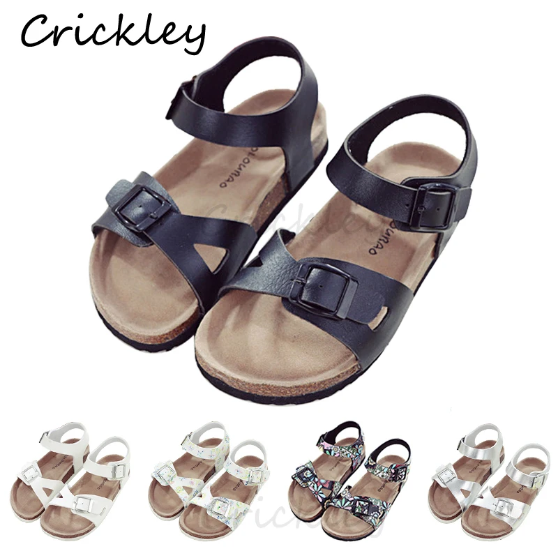 Sandalias de gladiador para niños y niñas, zapatos de playa con tiras estampadas de cuero PU, sandalias romanas de corcho suaves y cómodas, Verano