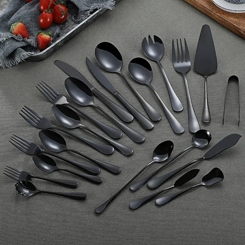 Black Stainless Steel Cutlery Set Black Kitchen Tableware Set Dinnerware Spoon Fork Dinner Set Tableware Home Flatware Mirror