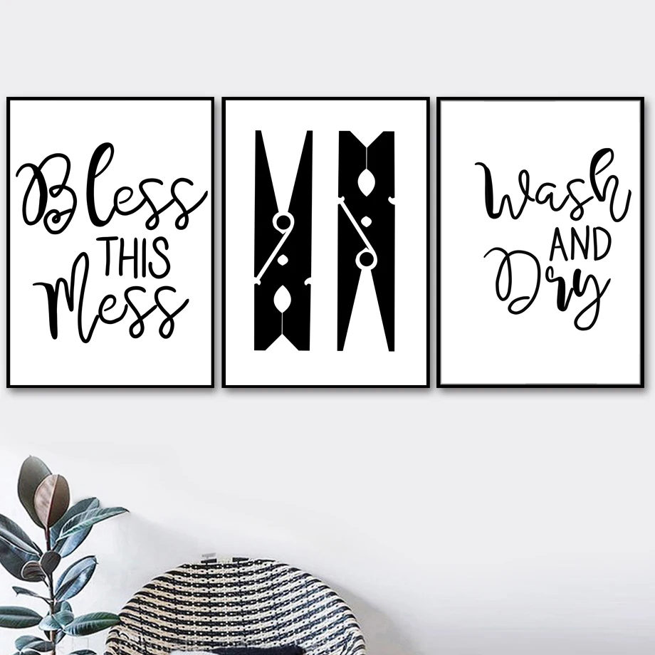 Wash Dry Clothespin Laundry Black White Wall Art Canvas Painting Nordic Posters And Prints Wall Pictures For Bathroom Decor