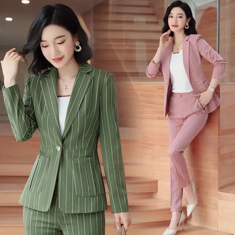 2024 New Work Fashion Pant Suits 2 Piece Set for Women Striped Blazer Jacket & Trouser Office Business Suit Lady Suit Feminino