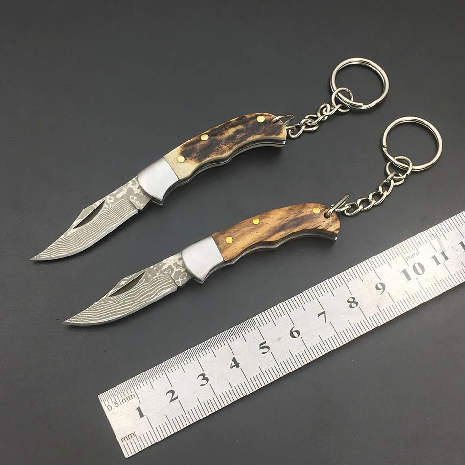 Mini Key Ring Utility Pocket Folding Damascus Steel Knife Customized Wooden Antler Horn Handle