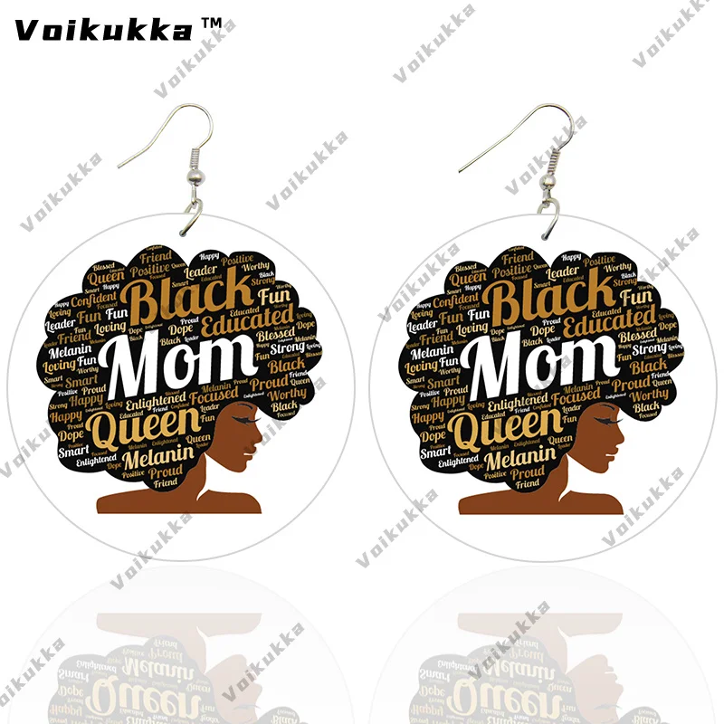 Voikukka Jewelry Both Sides Printing 6 CM Circle Pendant Black Mom Queen Melanin Wooden African Earrings For Women Accessories