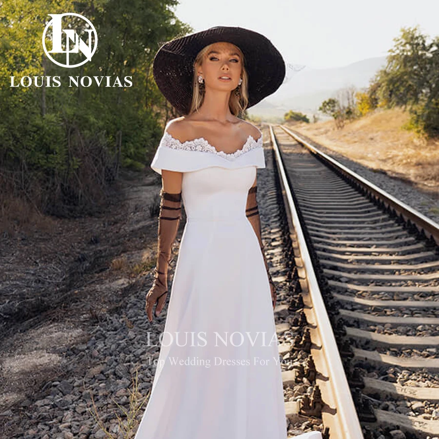 LOUIS NOVIAS Satin Váy Cưới Năm 2022 Sang Trọng Lệch Vai Phối Ren Hở Lưng Chữ A Áo Dài Cô Dâu Cổ Thuyền Vỏ Bọc Cô Dâu Đầm