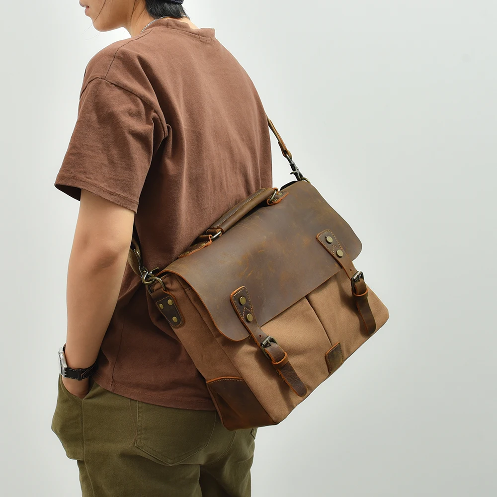 

Portable Briefcase Leather with Canvas American Retro Messenger Bag Shoulder Messenger Bag Multi-purpose