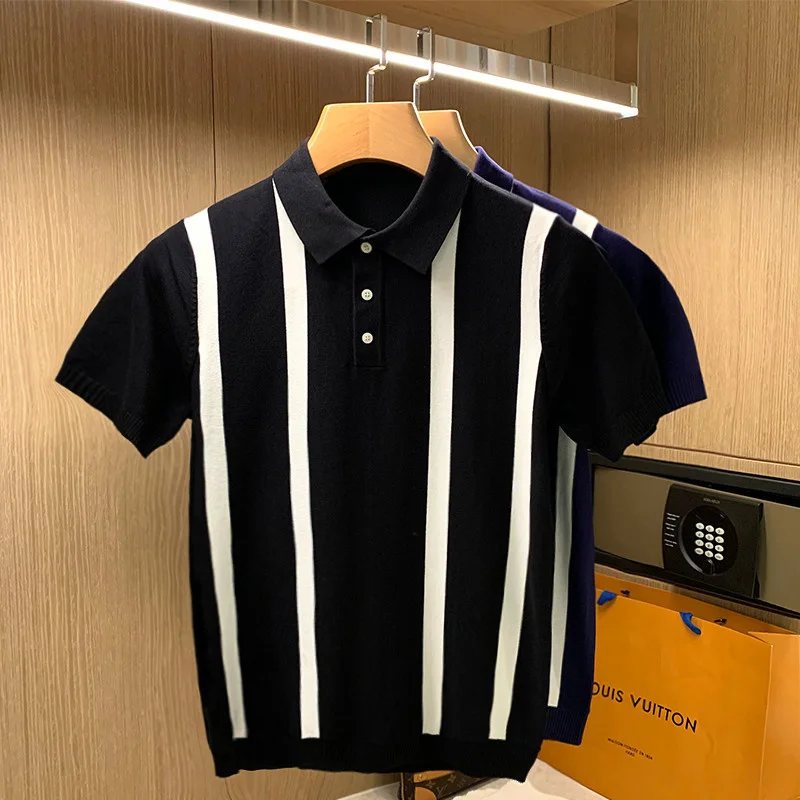 Summer 2022 New Men's Polo Shirt Short Sleeve Slim Fit Shirt Striped Casual Polo Shirt Male Knitted Polo Shirt Men Clothes A75