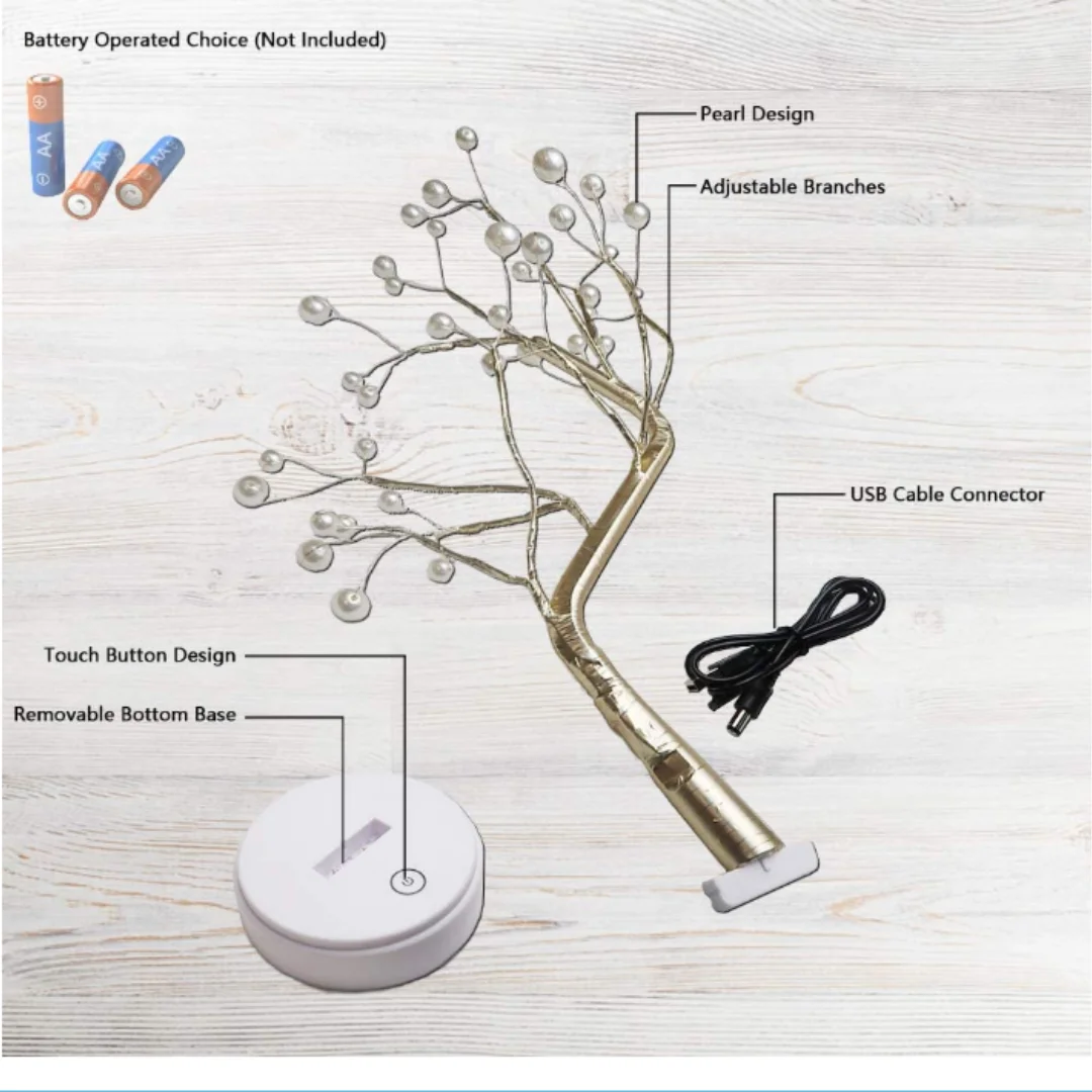 LED Tabletop Tree Lamp with 36 Pearls, DIY Artificial Tree Lamps, Christmas Room Decoration, Battery or USB Operated