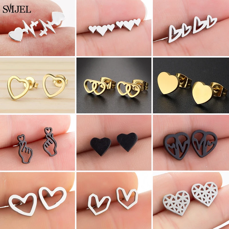 2024 Tiny Heart Stud Earrings For Women Hiphop Black Stainless Steel Hollow Small Earring Ear Jewelry Girls Wholesale