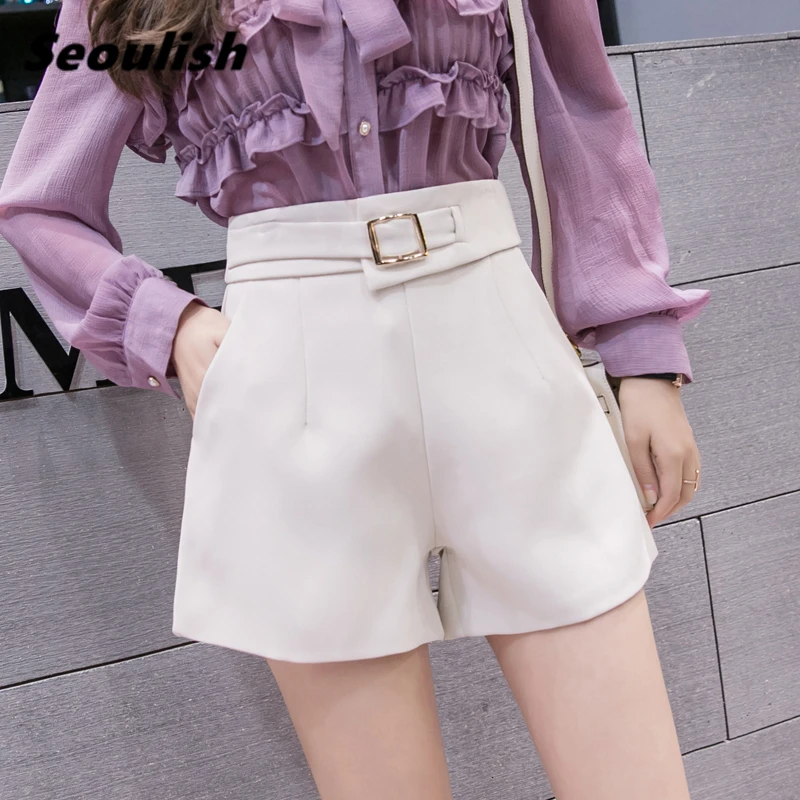 

Seoulish Summer 2021 New Formal Women's Shorts High Waist Casual Solid Workwear Female Loose Elegant Wide Leg Shorts Pockets