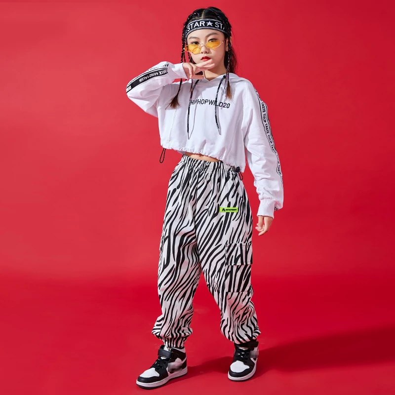 Children Hip Hop Dance Costume Girls Loose Tops Zebra Strips Pants Street Dance Practice Wear Modern Jazz Dancing Outfit DL8476