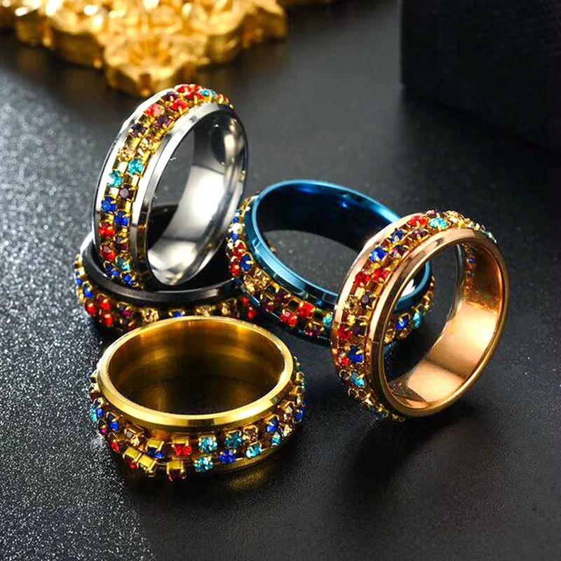 Multi Color Crystals Diamonds Rotatable Rings Stainless Steel Anti-Anxiety Fidget Bands Spinning Women Jewelry  Кольцо 