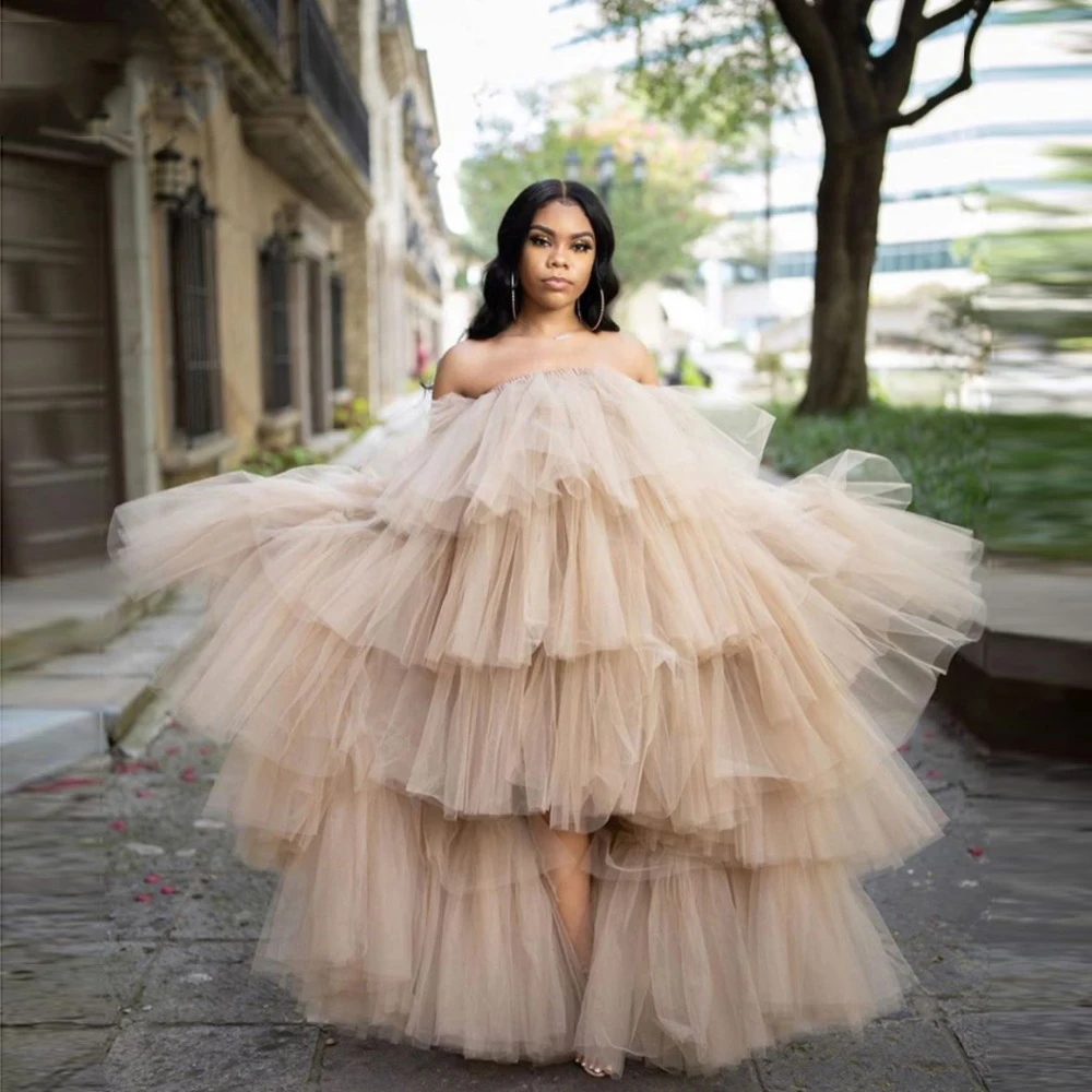 

Plus Size Maternity Hi-Lo Robe Tulle Multilayered Ruffles Party Sleepwear Custom Made Off Shoulder Photo Nightgowns Robes