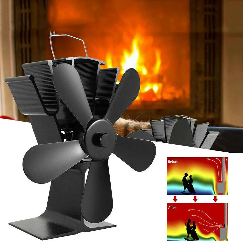 4/5 Blades Black Fireplace Heat Powered Stove Fan Heat Self-Powered Log Wood Stove Top Burner Silent Home Efficient Eco Heater