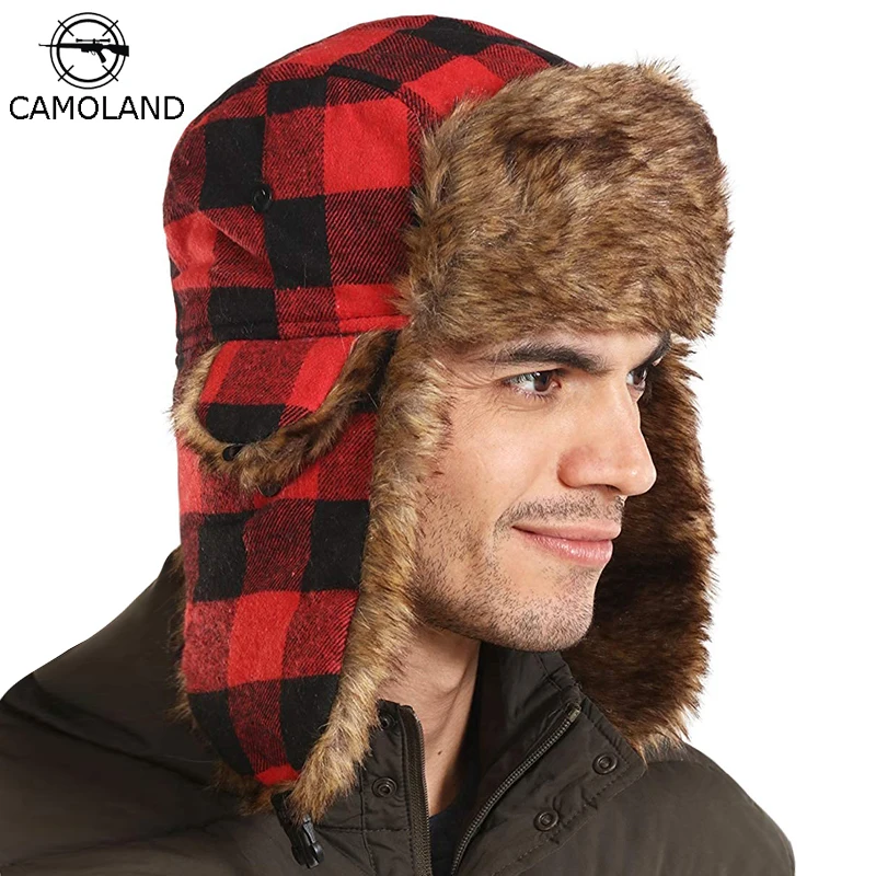 CAMOLAND Plaid Pattern Bomber Hats For Women Men Winter Thermal Fleece Earflap Caps Russia Ushanka Hat Male Snow Ski Caps