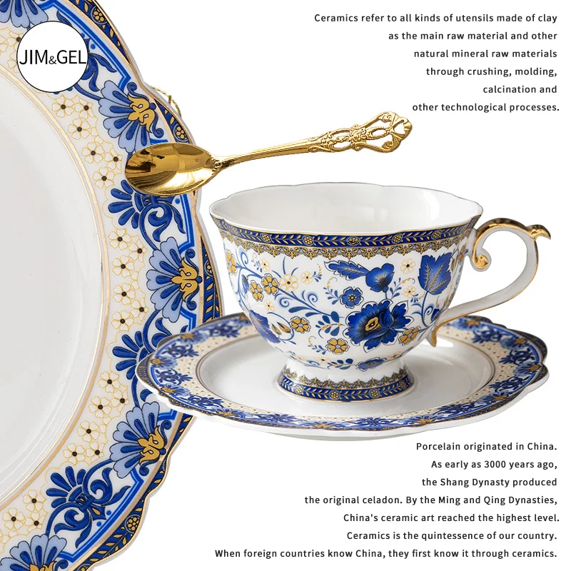 Blue and white European-style tea cup flower tea cup female high-end exquisite retro luxury English coffee cup afternoon tea cup