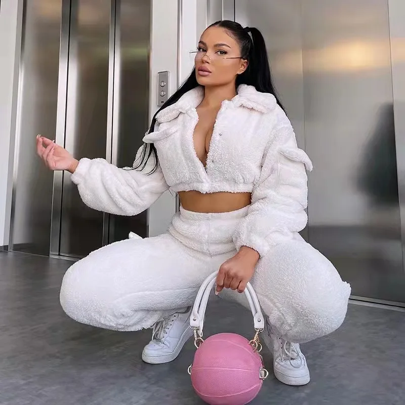 Fashion Sweat Suits 2 Piece Sets Women Outfits Casual Sportwear Sweatshirt+Sweatpants White Plush Warm Lapel Zipper Cardigan