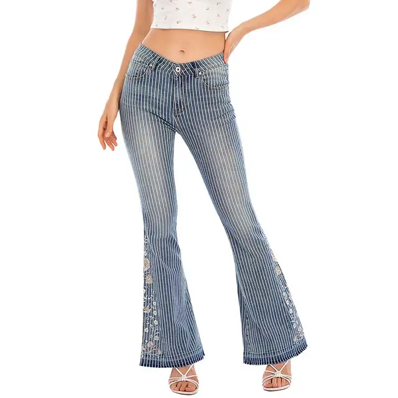 Embroidery women's flared jeans trousers striped wide leg women blue flared jeans