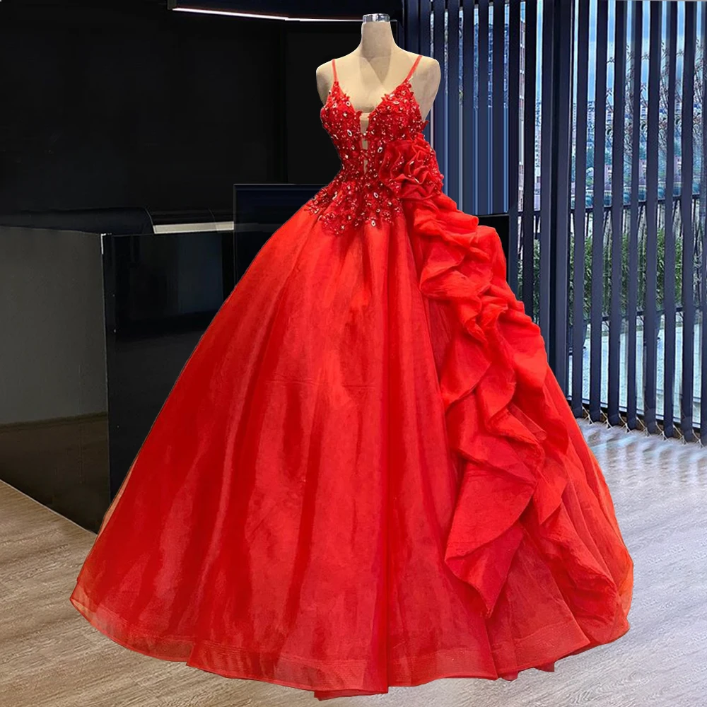 라인석 구슬 볼 가운 레드 성인식 드레스 스파게티 스트랩 캐스케이드 프릴 vestidos de quinceañera vestidos de 15 año