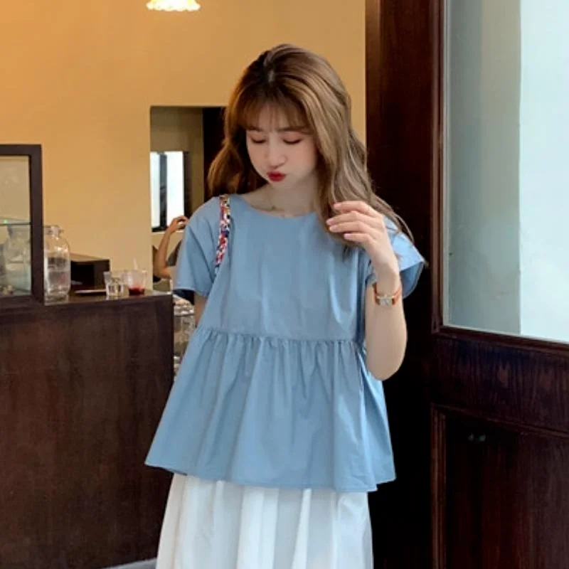 Blouses Women Loose Friend Ins Solid Summer Casual Aesthetic Back-bandage Design Stylish Soft Blusas Streetwear Preppy Korean