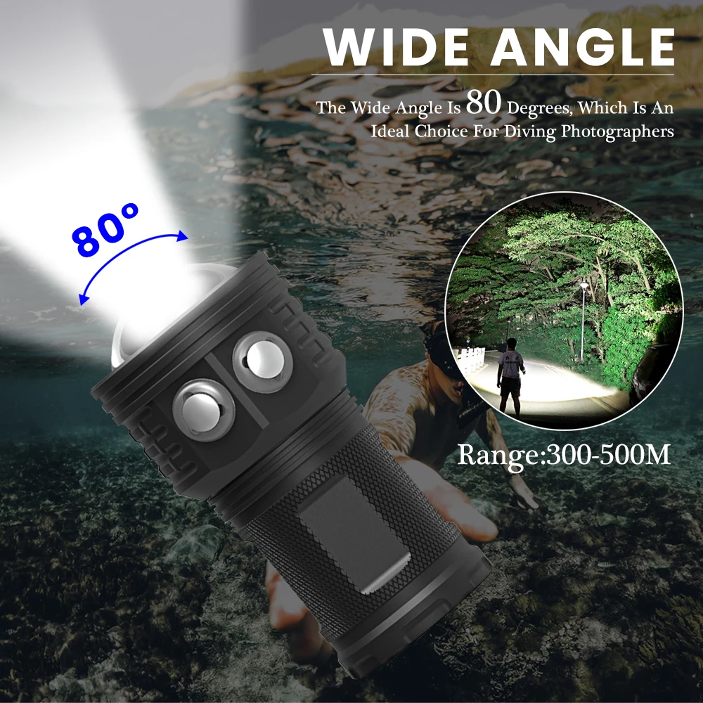 Asafee 80M Deep Diving Flashlight IPX8 Waterproof 80°c Degree Photography COB 6000LM Torch Range 300-500M Double Switch