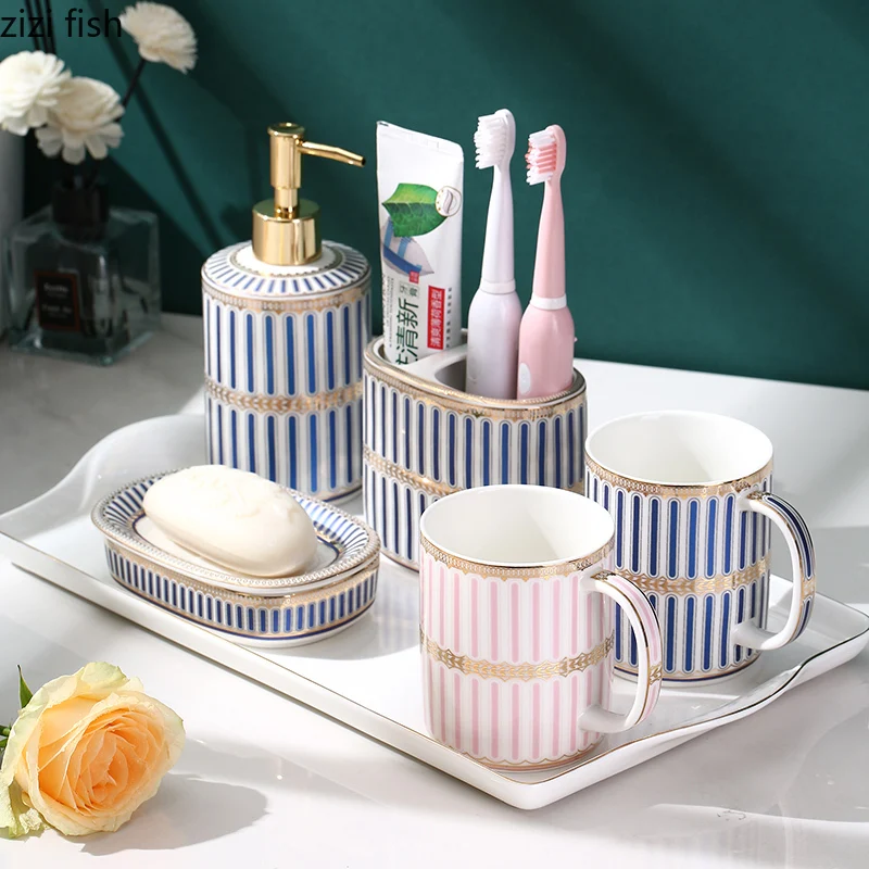 Ceramics Blue Pink Vertical Stripes Wash Five-piece Set Bathroom Product Mouthwash Cup Soap Dish Lotion Bottle Toothbrush Holder