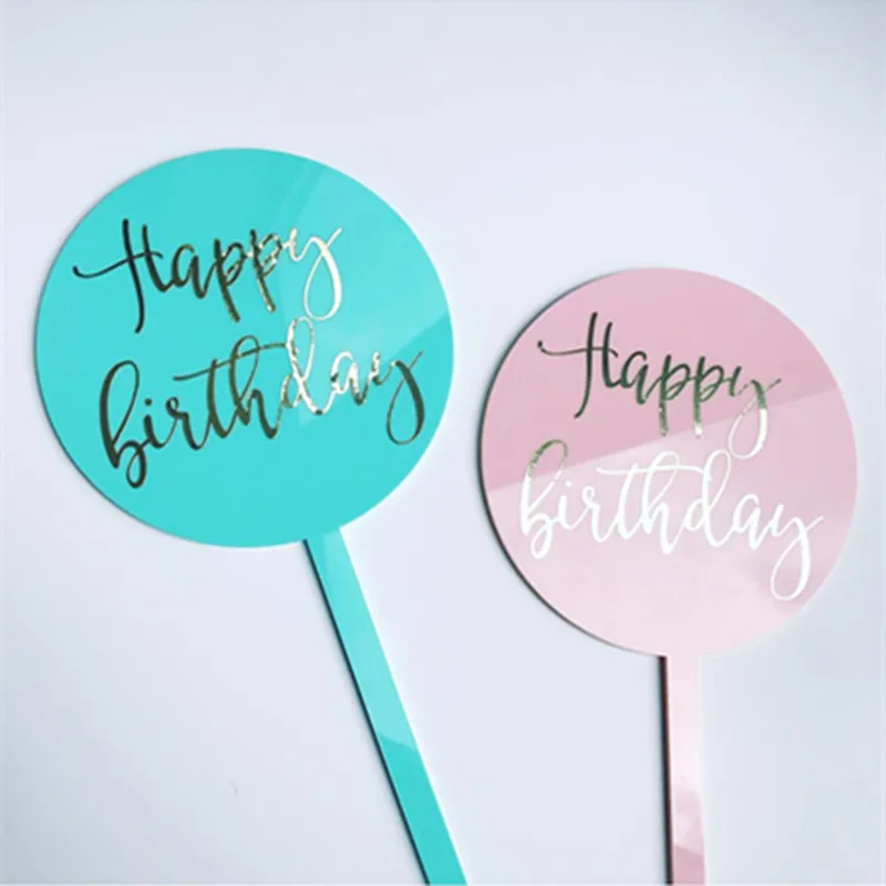 New/ Round Happy Birthday Cake Topper Hot Stamping Acrylic Letter Cake Top Flag Decoration for Boy Girl Birthday Party Supplies