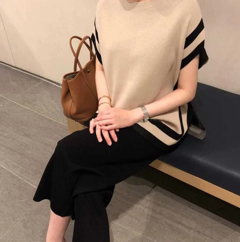 2024 New Women Sweater Pants Set Tracksuit Summer O Neck Hit Color Striped Knitted Thin Loose Pullovers + Wide Leg Trouser Suits