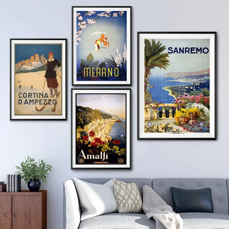 Vintage Travel Posters and Prints Italy Smaller Towns Amalfi Merano Sanremo Canvas Painting Wall Art Pictures Living Room Decor