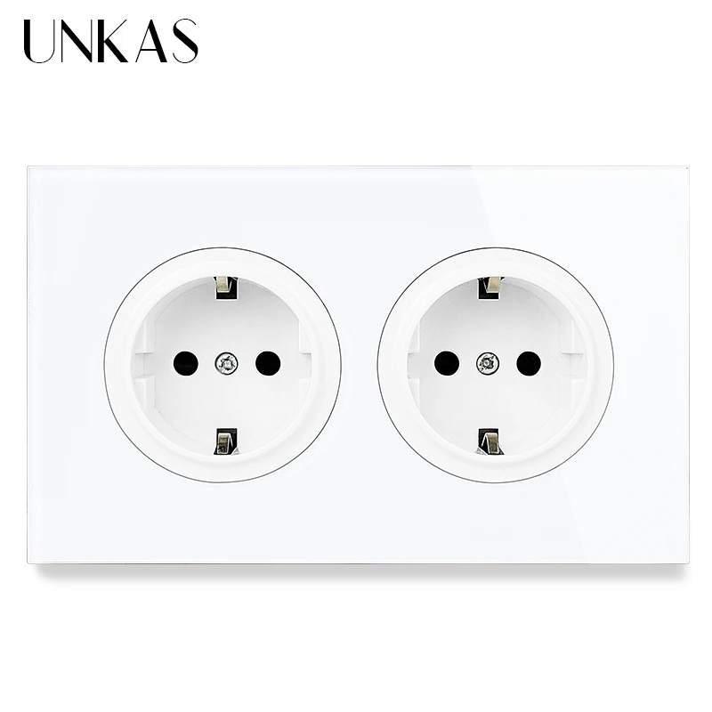 

UNKAS 146 Crystal Tempered Pure Glass Panel 16A Double EU Standard Wall Power Socket Grounded With Child Protective Lock