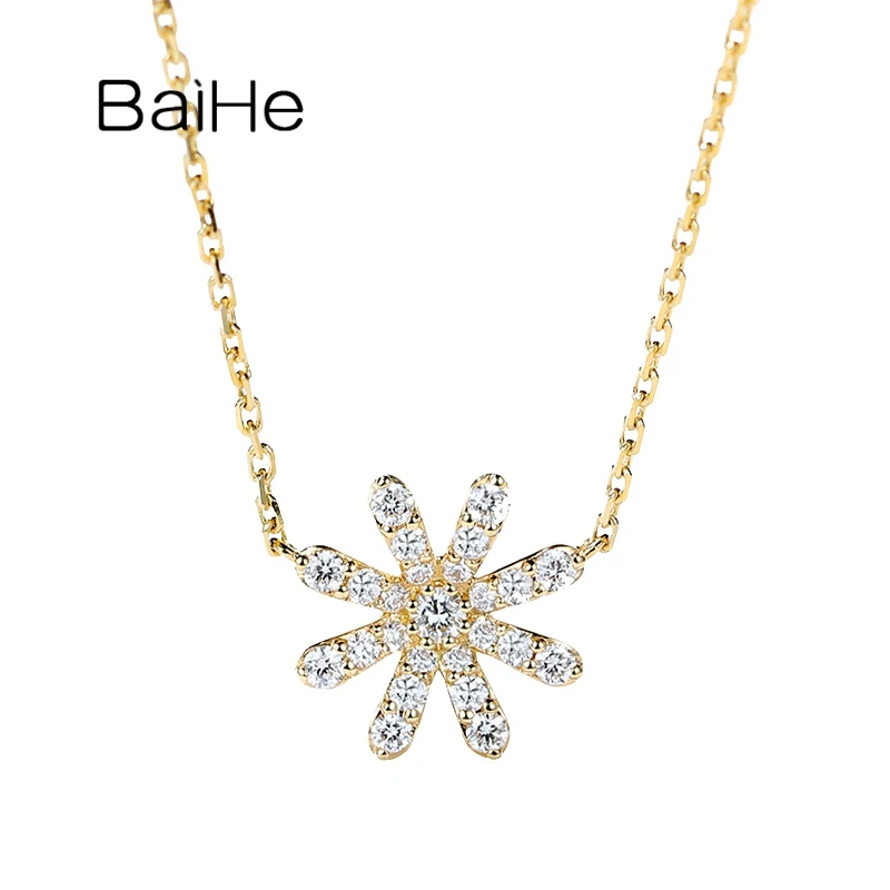 

BAIHE Solid 18K Yellow Gold H/SI Natural Diamond Flower Necklace Women Clavicle Chain Trendy Fine Jewelry Collar flores ネックレス