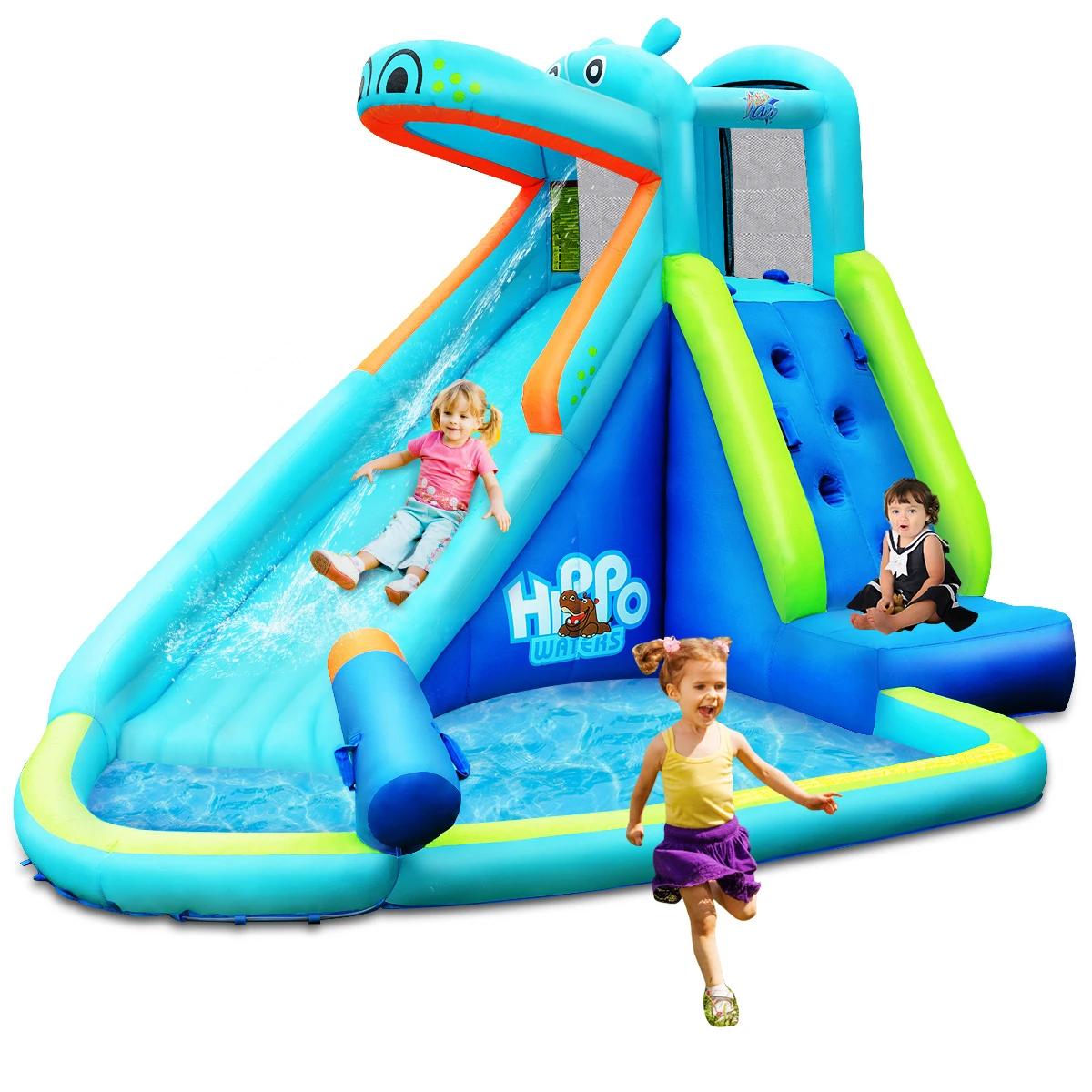 

Inflatable Kids Hippo Bounce House Slide Climbing Wall Splash Pool w/ Bag