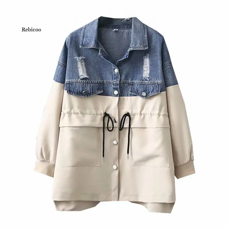 

Jeans Jacket Women Clothes Drawstring Denim Coat Harajuku Patchwork Jackets Long Sleeve Windbreaker Female