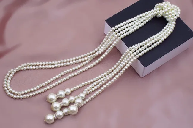 Classic double knot imitation pearl tassel long necklace long knotted tassel necklace female fashion sweater costume jewelry gif