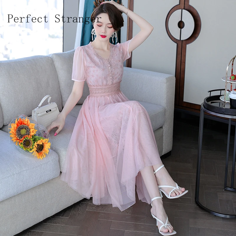 High Quality Hot Sale 2021 Summer New Arrival French Style V Collar Lace Chiffon Long Dress Pink   Gauze Dress