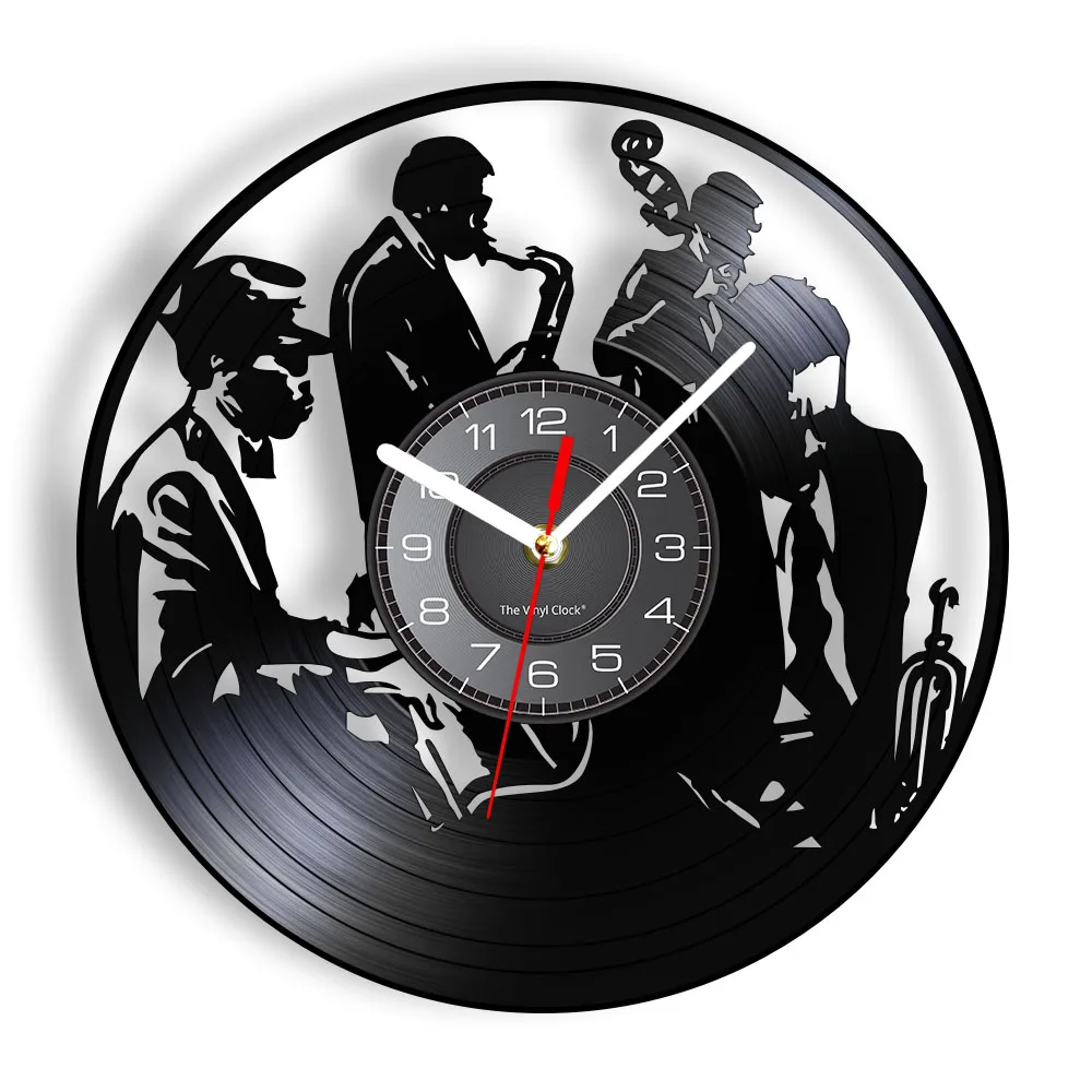 Saxophone Piano Trio Jazz Vinyl Music Record Wall Clock For Band Group Fest Blues Accessory Vinyl Album Crafts Music House Decor