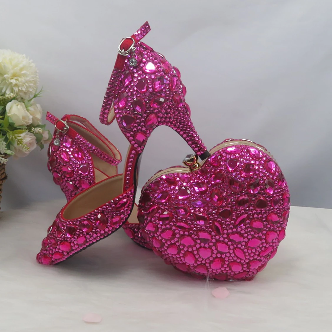 2023 New Arrival Summer Fuschia Pink Bridal Wedding Shoes and purse Ladies Big size Ankle Strap party  shoes bag set Pointed Toe