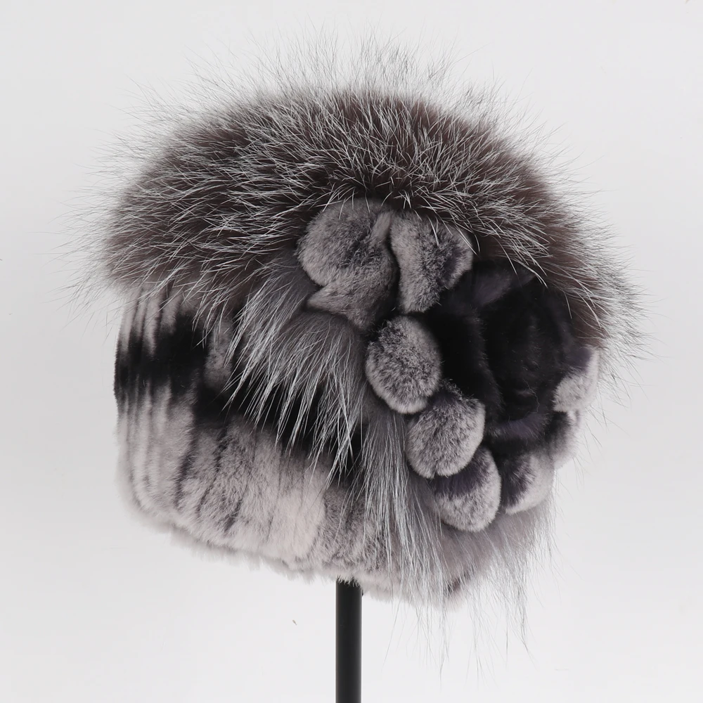 

Luxury Warm Real Fox Fur Bomber Hat Female Winter Hand Knitted Real Rex Rabbit Fur Hats Women Outdoor Rex Rabbit Fur Flower Cap