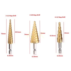 HSS Straight Groove Hexagonal Step Drill Bit Set, revestido de titânio, madeira, Metal Hole Cutter, Core, 3-12mm, 4-12mm, 4-20mm