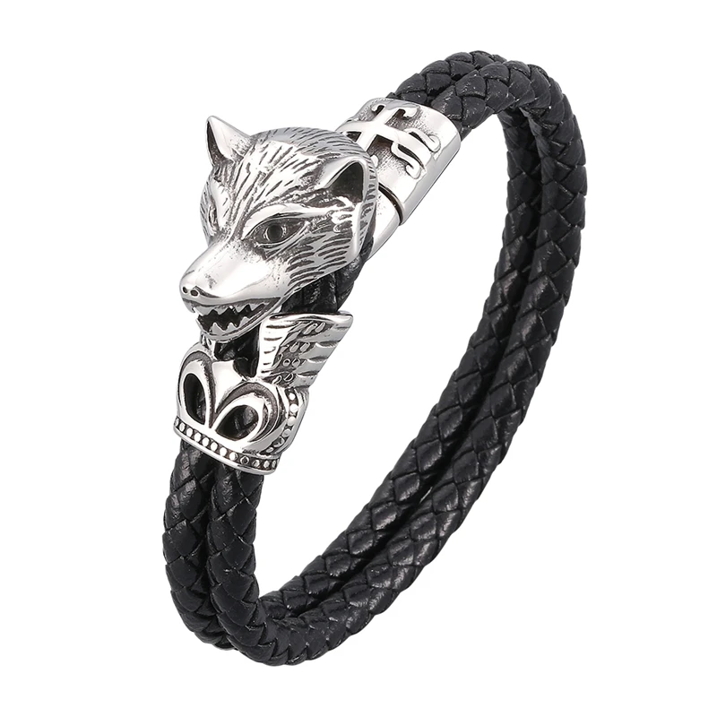 

Viking Wolf Head Bracelet Leather Rope Chain Punk Bracelet Men's Amulet Bracelet Viking Rock Jewelry Gift BB1051