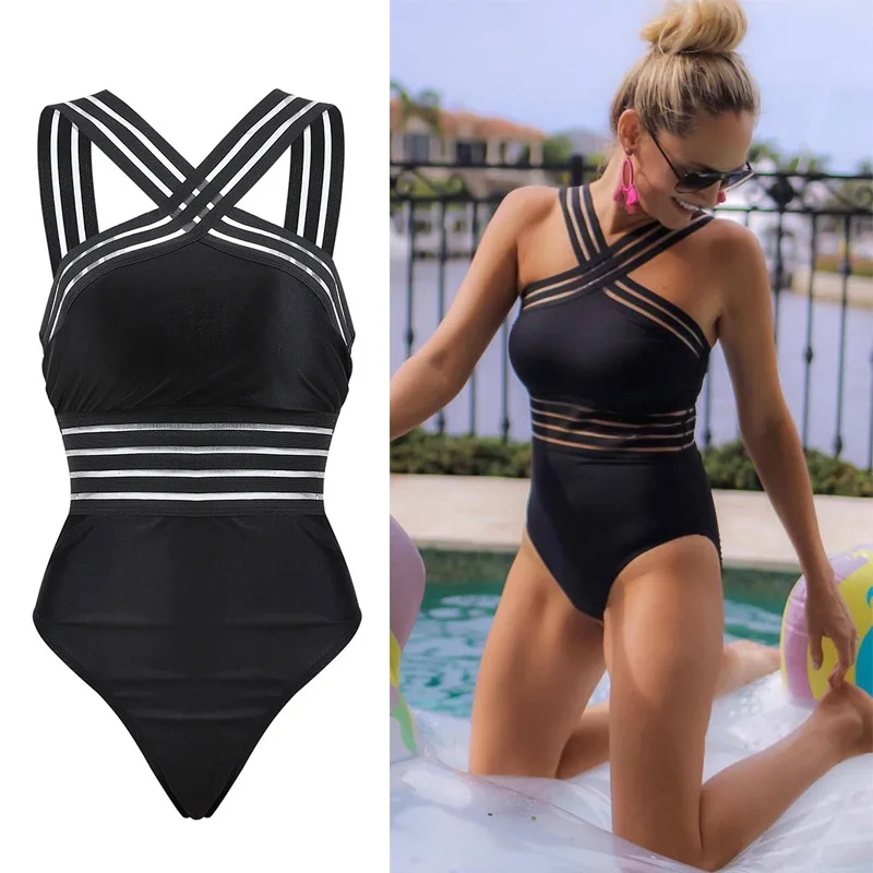 Bodysuit de biquíni bandagem listrada para mulheres, swimwear push up, maiô triângulo sexy para senhoras, maiô sem costas, 2021