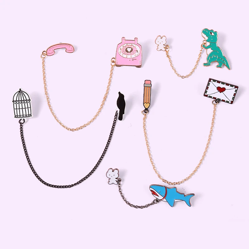 Cartoon Pink Phone Black Bird Cage Shark Rabbit Pencil Enamel Brooch Fashion Animals Badge Accessories Women Jewelry Gifts