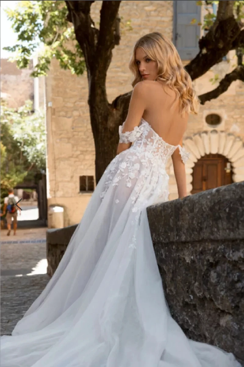 Praia fora do ombro tule vestido de casamento boho a linha applique vestidos de noiva divisão ilusão apliques de renda 2021