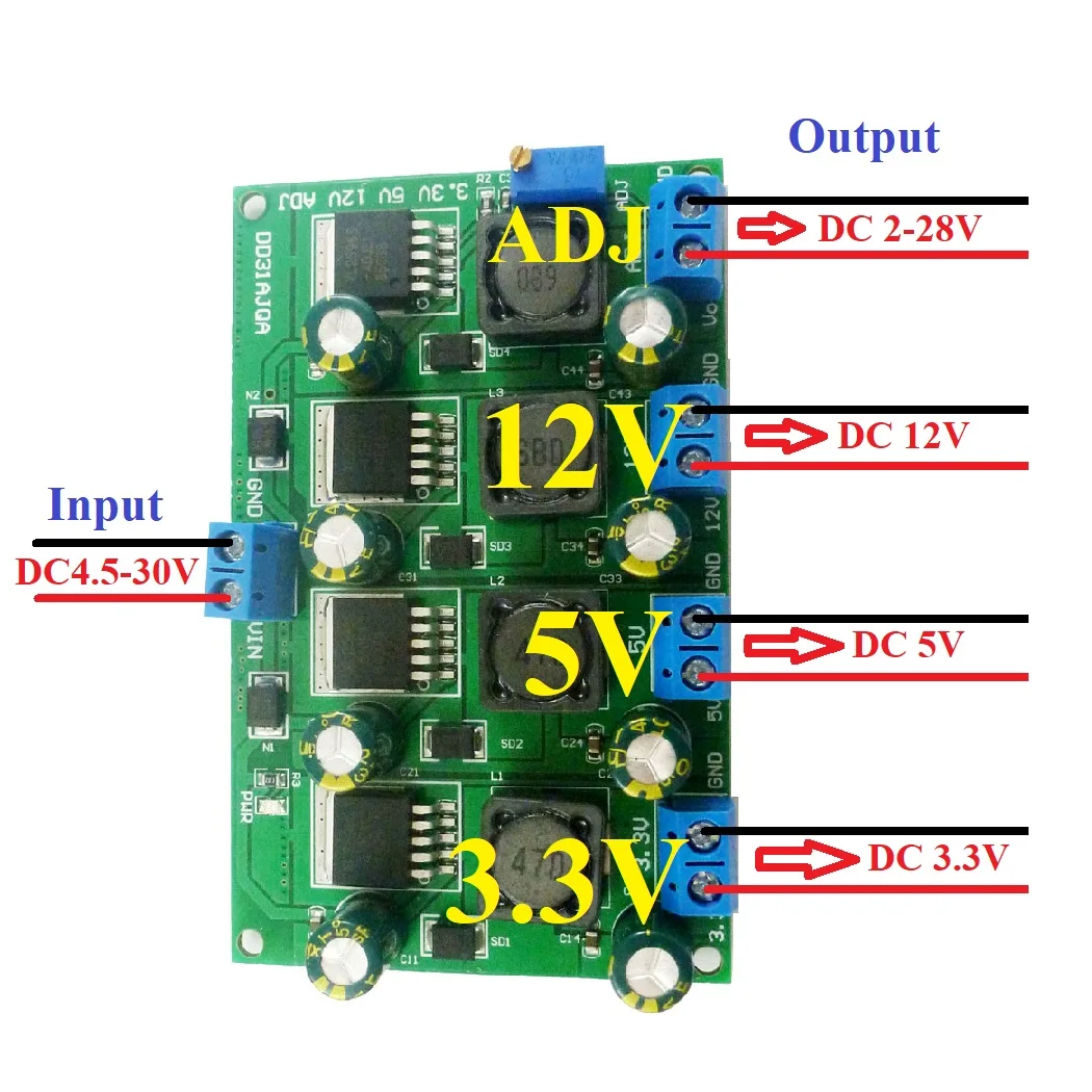 Imagem -03 - Módulo Abaixador do Conversor do Fanfarrão da cc 3a 4ch 4.530v a 3.3v 5v 12v Lm2596 Ams1117 7805 7812 Mp2307 Mp1584 Dd31ajqa