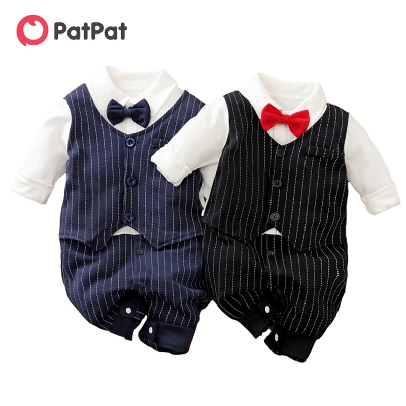 

PatPat 100% Cotton Baby Boy Gentleman Stripe Print Bow Tie Decor Long-sleeve Baby Jumpsuit One Pieces Bodysuits Clothes