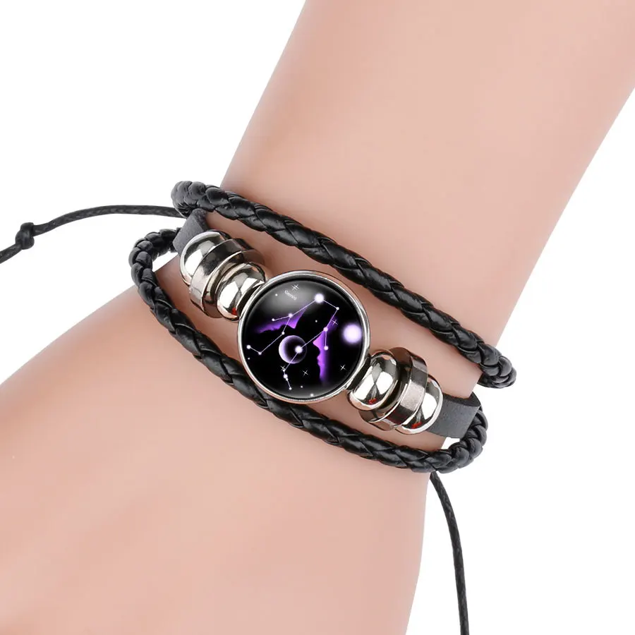 Glow in The Dark 12 Constellations Leather Rope Bracelet For Women Men Luminous Zodiac Sign Charm Bangle Punk Jewelry Gift