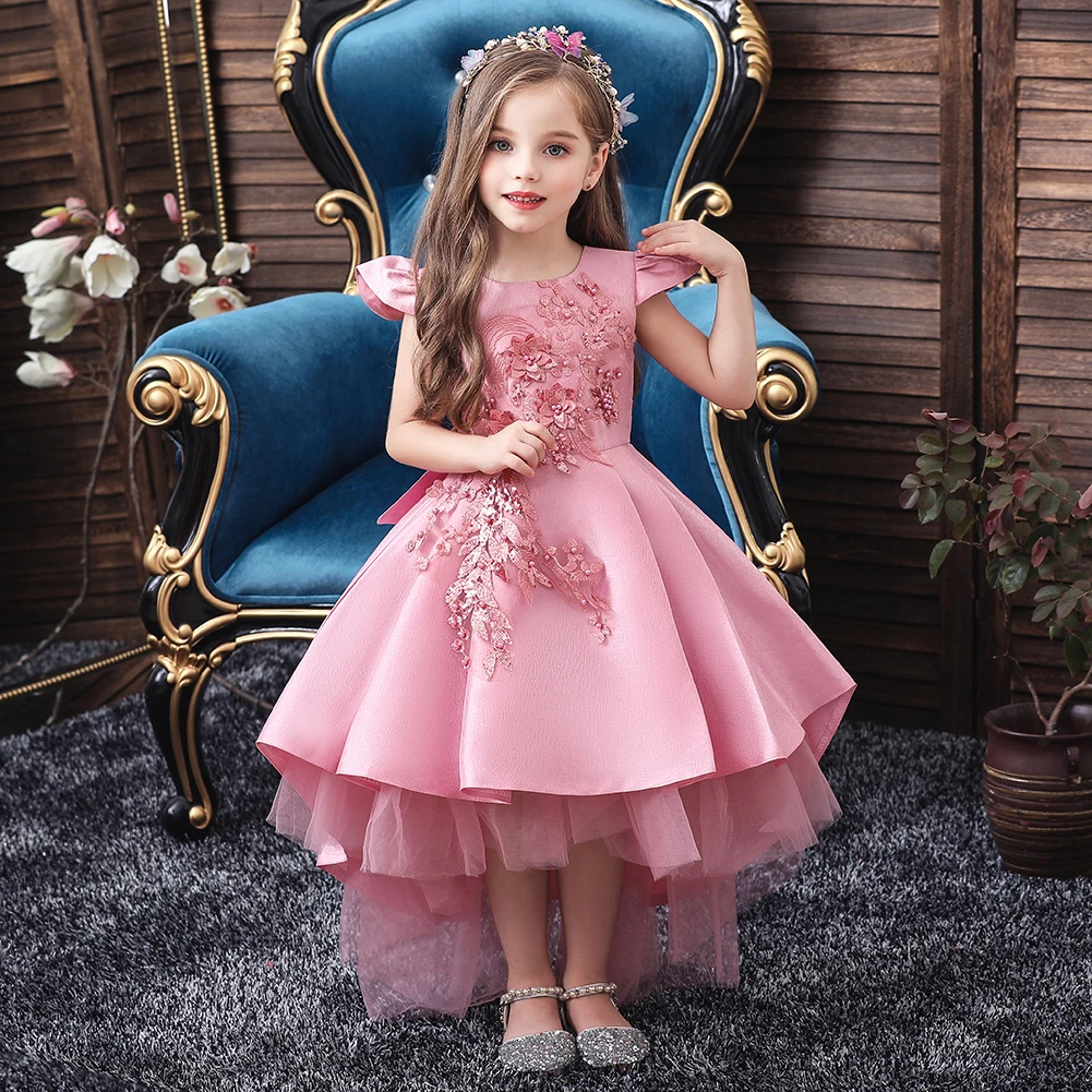 Estilo ocidental cauda menina vestido de casamento elegante tripulação pescoço bebê princesa vestido bordado criança frisado roupas para 10 anos criança