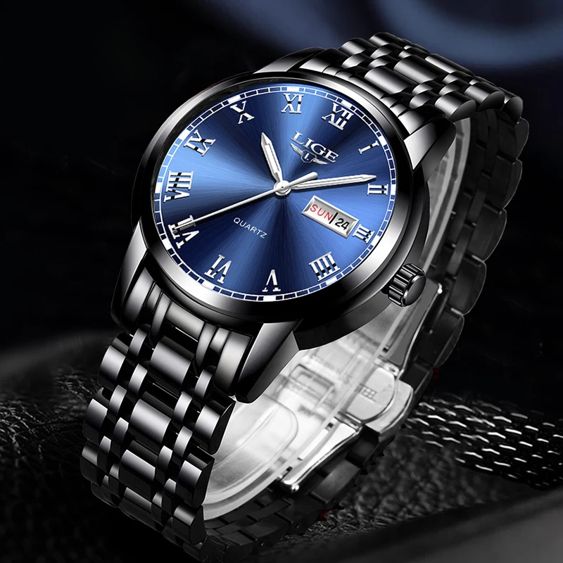 2023 New Watches Mens LIGE Top Brand Fashion Date Week Male Stainless Steel Waterproof Business Men WristWatch Relogio Masculino