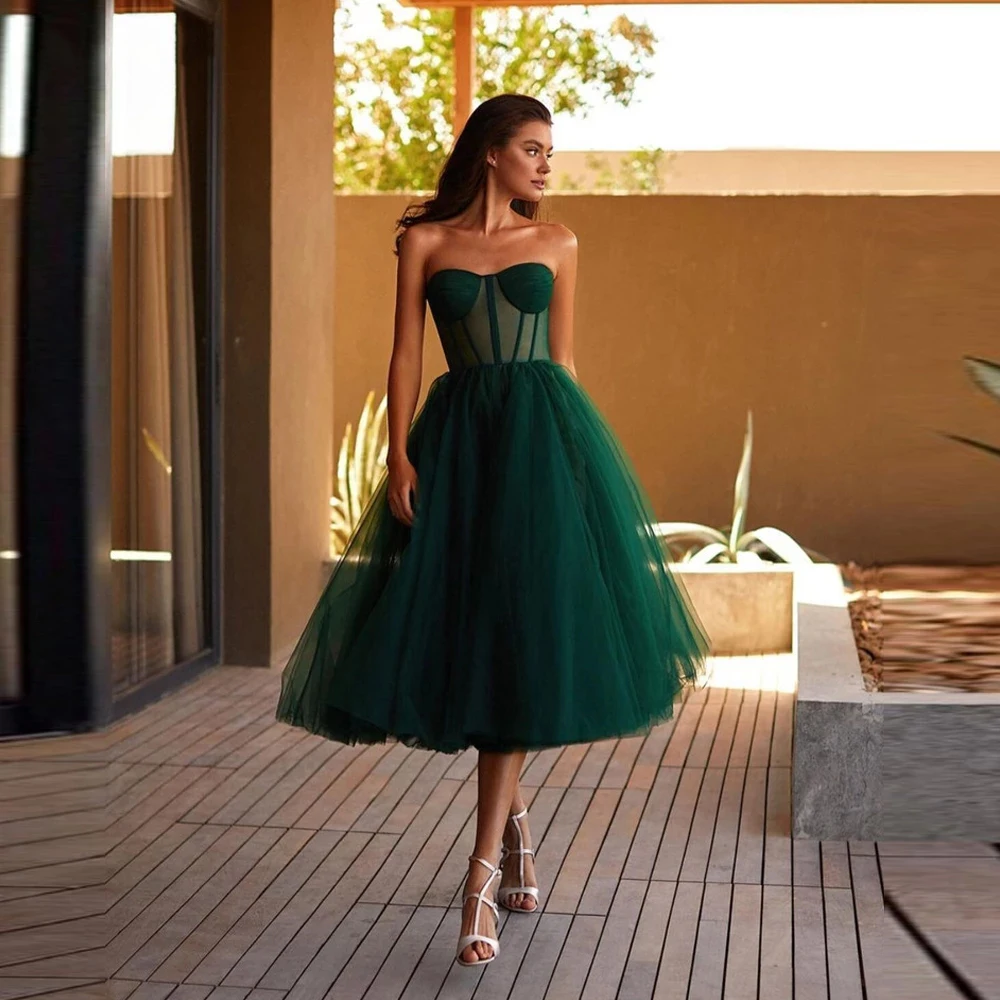 Gland personnalisé 0775-Robe de Rhcourte en tulle vert, ligne A, corset transparent chérie, longueur de thé simple, robes de soirée formelles, quoi que ce soit, 2024