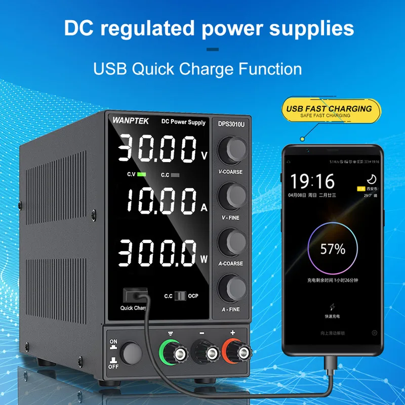 Wanptek Adjustable DC Power Supply 30V 10A USB Digital Lab Bench  Stabilized Voltage Regulator Switch Power Supply