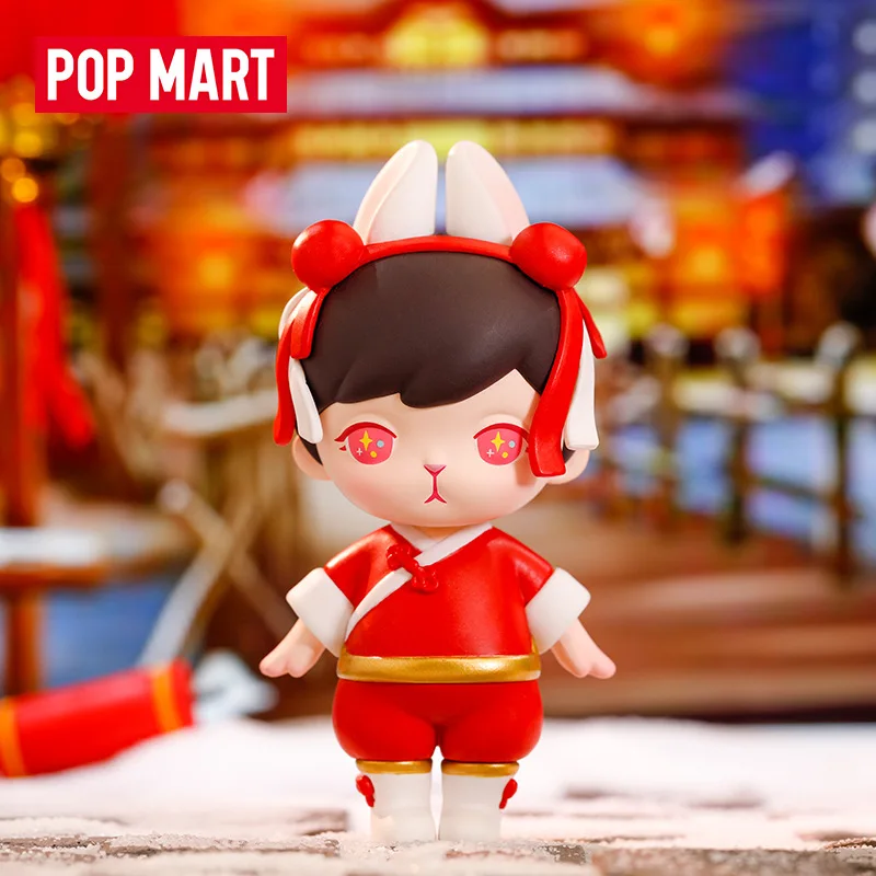 Popmart ชุดปีใหม่กระต่ายกระต่ายชุดปริศนากล่องทายกล่องลึกลับของเล่นตุ๊กตาน่ารักอนิเมะคอลเลกชันของประดับโต๊ะทำงาน